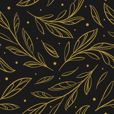  Ana hatları altın dalları ve yaprakları olan vektörsüz desen; siyah arkaplanda çiçek soyut tasarımı; kumaş, duvar kağıdı, ambalaj kağıdı, tekstil, web tasarımı için mükemmel.