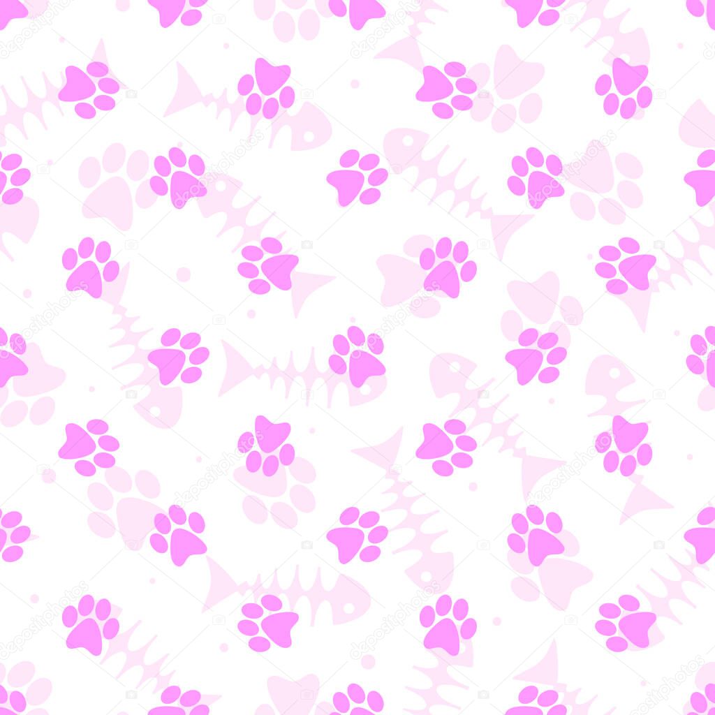  Vector seamless pattern with pink paw prints; cute background for fabric, wallpaper, package, textile, wrapping paper, web design.
