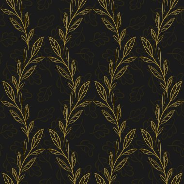  Altın çizgili dalları ve yaprakları olan vektörsüz desen; siyah arkaplan; kumaş, duvar kağıdı, ambalaj kağıdı, tekstil, web tasarımı için soyut çiçek tasarımı.