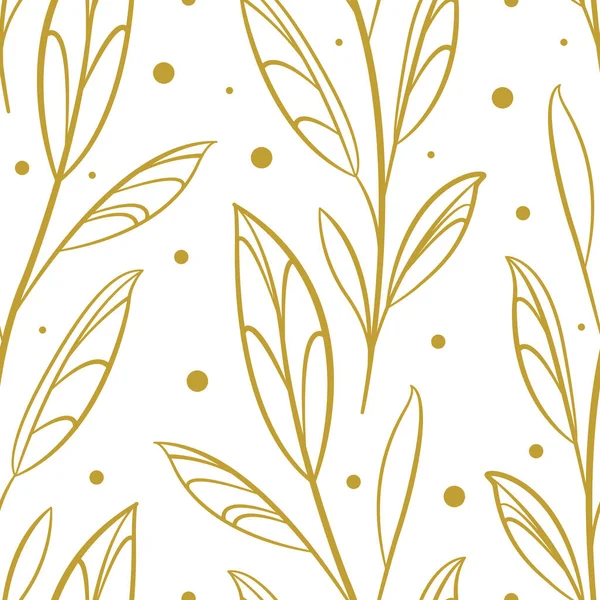 Vector Seamless Pattern Golden Outline Branches Leaves White Background Abstract — Stock Vector