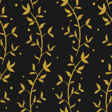  Altın dikey dalları ve siyah arkaplanda yaprakları olan soyut çiçek deseni; kumaş, duvar kağıdı, tekstil, ambalaj kağıdı, web tasarımı.