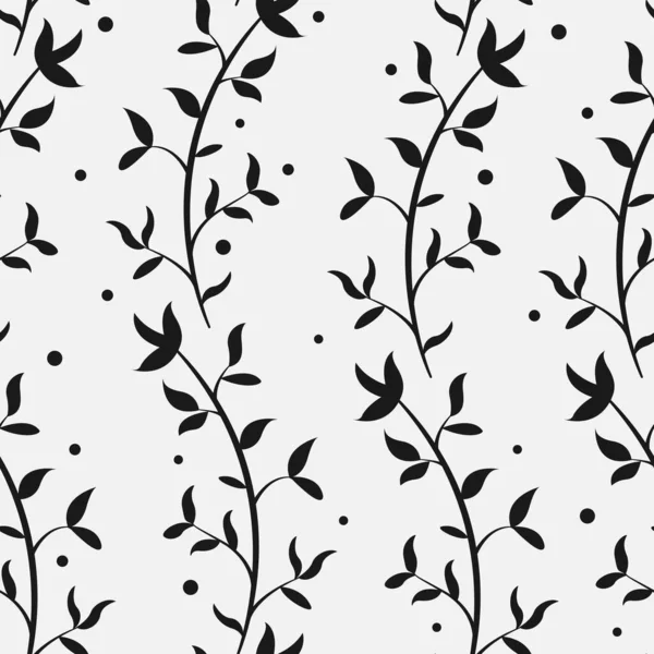Siyah Dikey Dalları Beyaz Arkaplanda Yaprakları Olan Soyut Çiçeksiz Desen — Stok Vektör