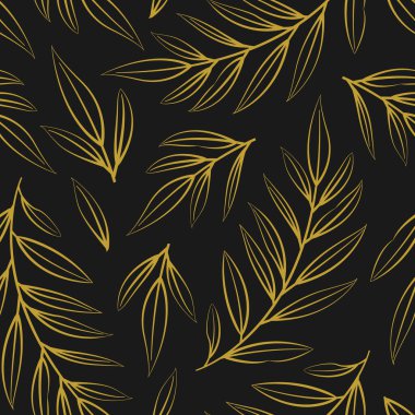  Siyah zemin üzerinde altın dalları ve yaprakları olan soyut vektör dikişsiz çiçek deseni; kumaş, duvar kağıdı, tekstil, web tasarımı için çiçek tasarımı.