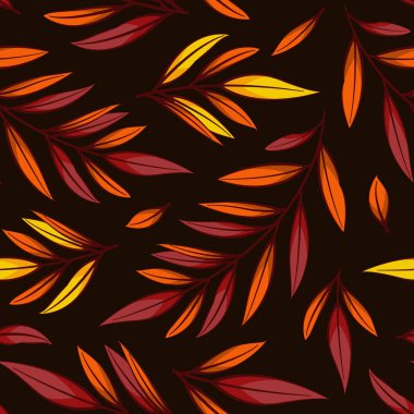 Siyah zemin üzerinde sonbahar yaprakları olan çiçeksiz desen; kumaş, duvar kağıdı, tekstil, web tasarımı için çiçek tasarımı.
