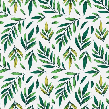  Yeşil dalları ve yaprakları olan çiçeksiz desen; kumaş, duvar kağıdı, tekstil, web tasarımı için doğal tasarım.