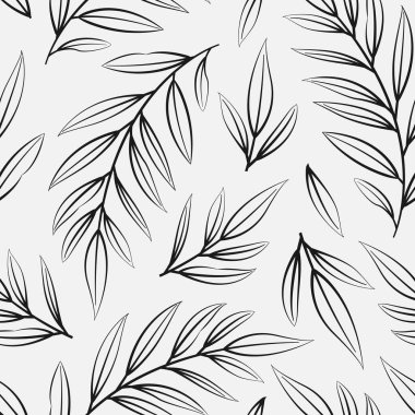 Siyah dalları ve beyaz arkaplanda yaprakları olan çiçeksiz desen; kumaş, duvar kağıdı, tekstil, web tasarımı için soyut çiçek tasarımı.