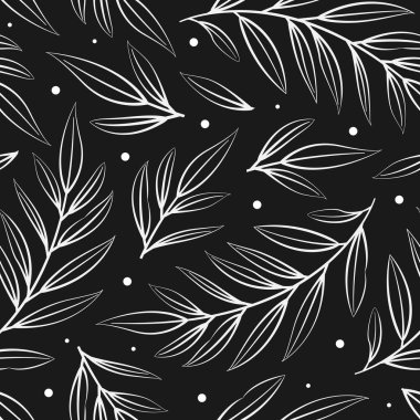 Beyaz dalları ve siyah arkaplanda yaprakları olan çiçeksiz desen; kumaş, duvar kağıdı, tekstil, web tasarımı için soyut çiçek tasarımı.