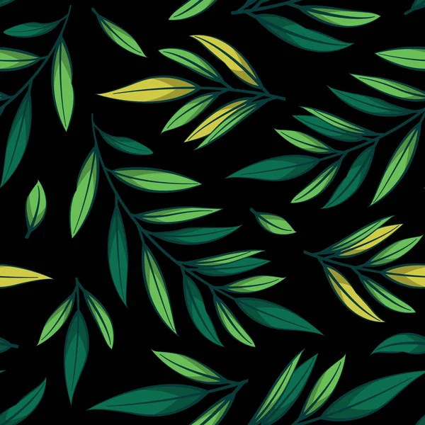 Vektornahtloses Blumenmuster Mit Grünen Zweigen Und Blättern Auf Schwarzem Hintergrund — Stockvektor