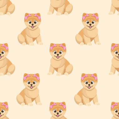  Şirin tükürük köpek yavrularıyla vektörsüz desen; kumaş, duvar kağıdı, tekstil, ambalaj kağıdı, web tasarımı için çocuk tasarımı.
