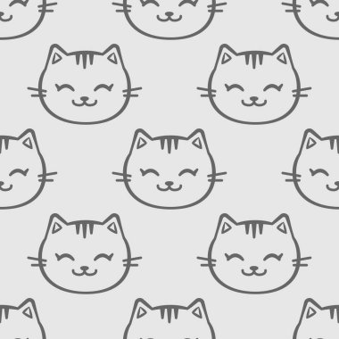  Gri arka planda sevimli kedileri olan vektörsüz desen; kumaş, duvar kağıdı, tekstil, ambalaj kağıdı, web tasarımı için komik baskı.