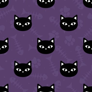  Mor zemin üzerinde siyah kediler olan vektörsüz desen; kumaş, duvar kağıdı, tekstil, ambalaj kağıdı, web tasarımı.