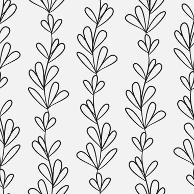  Siyah dikey dalları ve beyaz arkaplanda yaprakları olan vektörsüz desen; kumaş, duvar kağıdı, tekstil, web tasarımı için soyut çiçek tasarımı.
