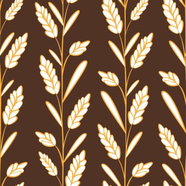  Koyu kahverengi arka planda buğday kulaklı vektörsüz desen. Tam tahıl, organik, fırın paketi, ekmek ürünleri..