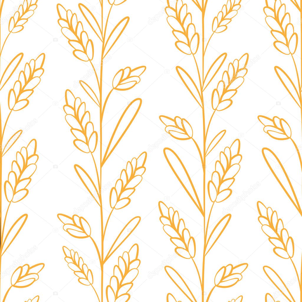  Vector seamless pattern with ears of wheat. Whole grain, organic, for bakery package, bread products. Isolated on white.