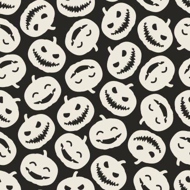  Siyah arka planda korkunç balkabakları olan kusursuz Cadılar Bayramı deseni. Kutlama kartı, hediye kutusu, duvar kağıdı, kumaş ve web tasarımı için basit bir Cadılar Bayramı tasarımı.