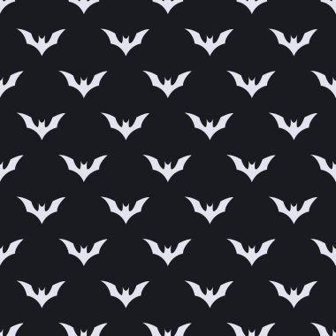  Siyah arka planda yarasalar olan kusursuz bir model. Kutlama kartı, hediye kutusu, duvar kağıdı, kumaş ve web tasarımı için basit bir Cadılar Bayramı tasarımı.