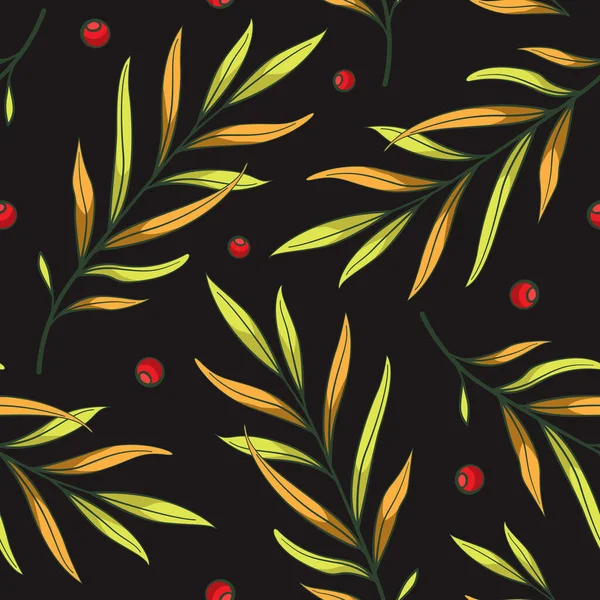 Цветочный Бесшовный Узор Осенними Листьями Красными Ягодами Черном Фоне Векторный — стоковый вектор