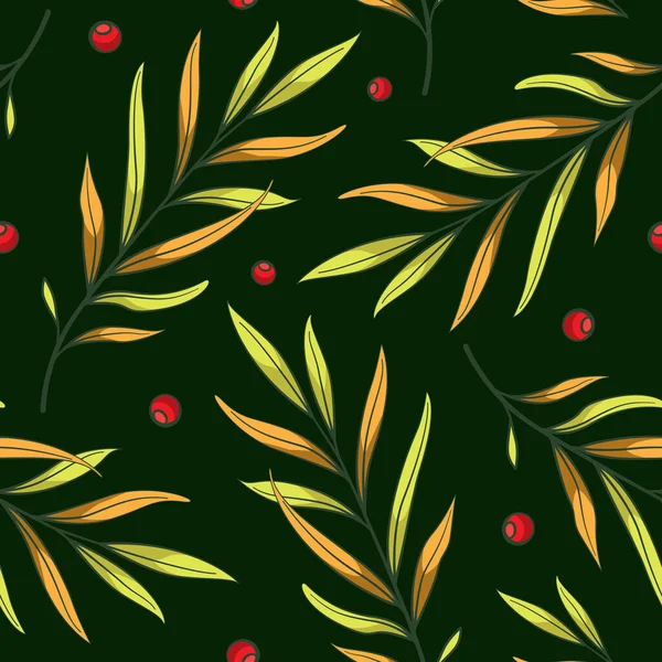 Florales Nahtloses Muster Mit Herbstblättern Und Roten Beeren Auf Dunkelgrünem — Stockvektor