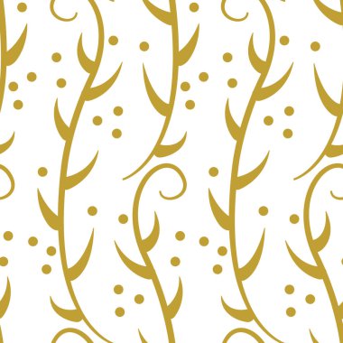 Dikey dalları olan kusursuz bir şablon. Yapraklı altın soyut dallar. Beyazda izole edilmiş.