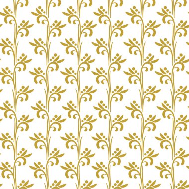 Dikey dalları olan kusursuz bir şablon. Yapraklı altın dallar. Beyazda izole edilmiş. Kumaşlar, duvar kağıtları, tekstil ve web tasarımı için basit tasarım.
