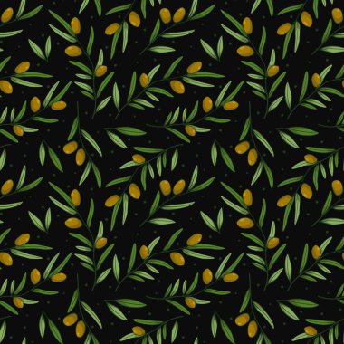 Vector seamless pattern with olives branches on black background. Design for fabrics, wallpapers, textiles, web design.