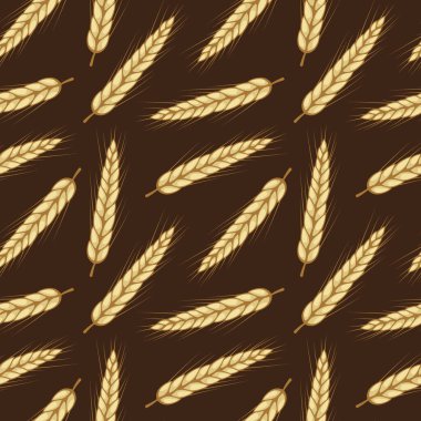 Koyu kahverengi arka planda buğday kulaklı vektörsüz desen. Tam tahıl, organik, fırın paketi, ekmek ürünleri, web tasarımı.