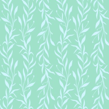 Yapraklı mavi dikey dalları olan kusursuz bir şablon. Kumaşlar, duvar kağıtları, tekstil ve web tasarımı için basit tasarım.