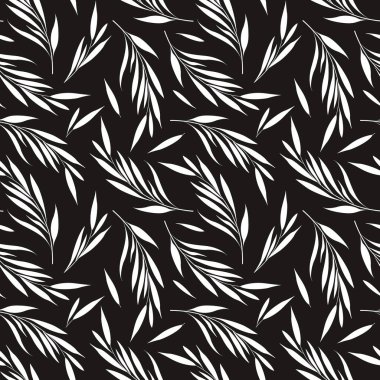 Siyah arka planda beyaz çiçek unsurları olan kusursuz bir şekil. Yapraklı dallar. Kumaşlar, duvar kağıtları, tekstil ve web tasarımı için basit tasarım.