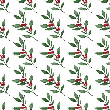 Çapraz dalları, yaprakları, böğürtlenleri olan dikişsiz çiçek deseni. Vektör çizimi. Beyazda izole edilmiş. Kumaşlar, duvar kağıtları, tekstil, web tasarımı için tasarım.