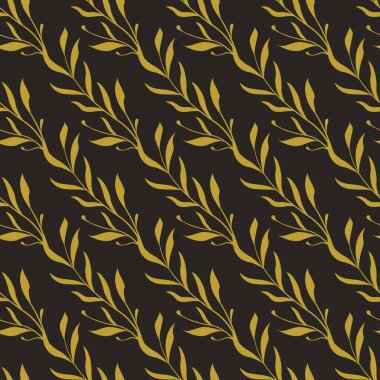 Vektör kusursuz desen. Siyah arka planda yaprakları olan çapraz altın çiçekli dallar. Kumaşlar, duvar kağıtları, tekstil ve web tasarımı için basit tasarım.