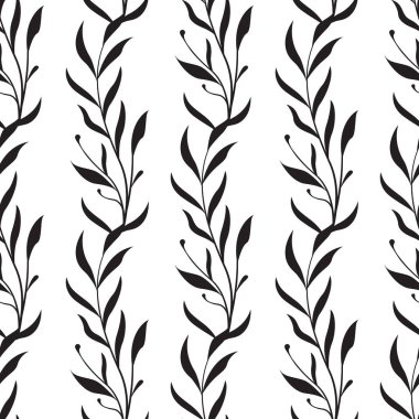 Vektörsüz çiçek deseni. Yaprakları olan dikey dallar. Kumaşlar, duvar kağıtları, tekstil ve web tasarımı için basit bir tasarım. Beyazda izole edilmiş.