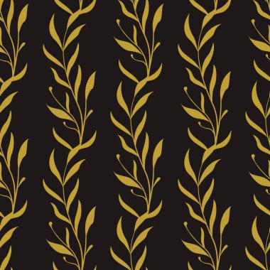 Vektörsüz çiçek deseni. Yaprakları olan dikey altın dallar. Kumaşlar, duvar kağıtları, tekstil ve web tasarımı için basit tasarım.