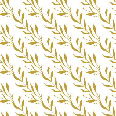 Vektör kusursuz desen. Yaprakları olan çapraz altın çiçekli dallar. Kumaşlar, duvar kağıtları, tekstil ve web tasarımı için basit bir tasarım. Beyazda izole edilmiş.