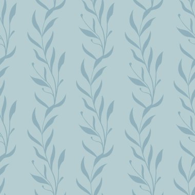 Vektörsüz çiçek deseni. Yapraklı dikey mavi dallar. Kumaşlar, duvar kağıtları, tekstil ve web tasarımı için basit tasarım.