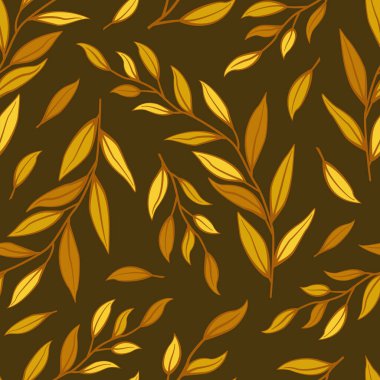 Çiçeksiz desen. Kahverengi arka planda sonbahar yaprakları ve dallar. Kumaşlar, duvar kağıtları, tekstil ve web tasarımı için basit tasarım.