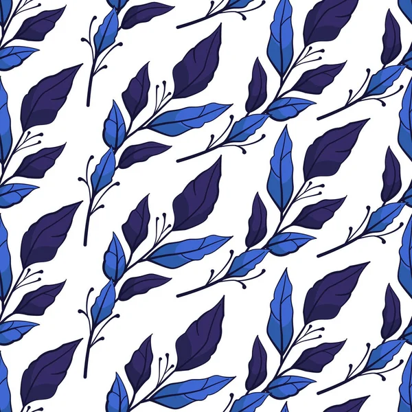 Yapraklı Mavi Dalları Olan Kusursuz Bir Desen Beyazda Izole Edilmiş — Stok Vektör