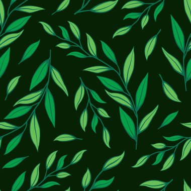 Çiçeksiz desen. Koyu yeşil arka planda yaprakları olan yeşil dallar..