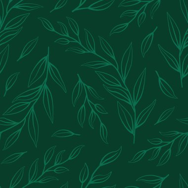 Çiçeksiz desen. Koyu yeşil arka planda yeşil dallar. Vektör illüstrasyonu.