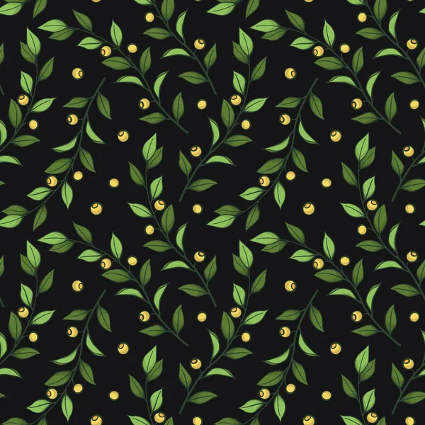 Florales Nahtloses Muster Vektorgrüne Zweige Mit Blättern Und Gelben Beeren — Stockvektor
