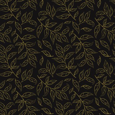 Kusursuz desenli, siyah arkaplanda altın yaprak ve dallar var. Kumaşlar, duvar kağıtları, tekstil, web tasarımı için tasarım.