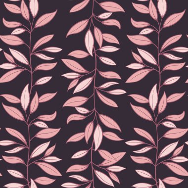 Çiçeksiz desen. Koyu arkaplanda yaprakları olan dikey pembe dallar. Kumaşlar, duvar kağıtları, tekstil, web tasarımı için tasarım.