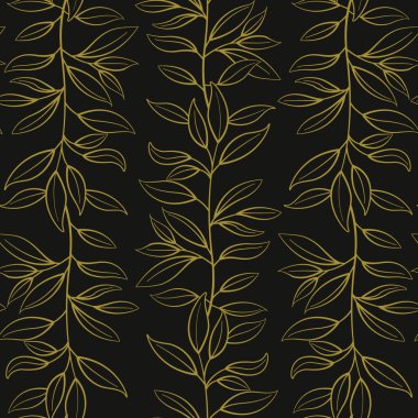 Çiçeksiz desen. Siyah arka planda yaprakları olan dikey altın dallar. Kumaşlar, duvar kağıtları, tekstil, web tasarımı için tasarım.