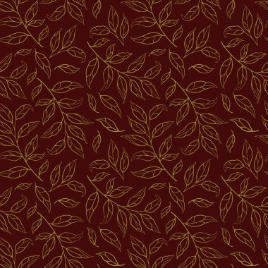 Koyu kırmızı arka planda altın yaprak ve dallardan oluşan kusursuz desenler. Kumaşlar, duvar kağıtları, tekstil, web tasarımı için tasarım.