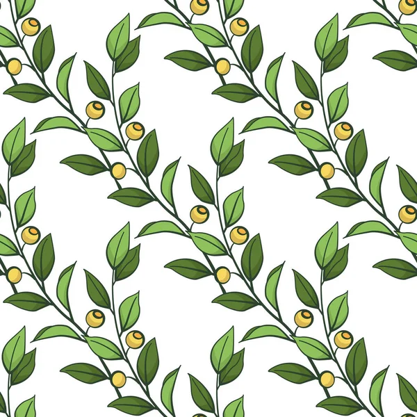 Florales Nahtloses Muster Vektordiagonale Grüne Zweige Mit Blättern Und Gelben — Stockvektor