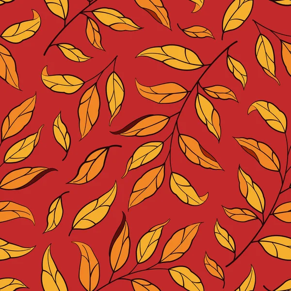 Цветочный Бесшовный Рисунок Векторные Осенние Листья Ветками Красном Фоне Дизайн — стоковый вектор