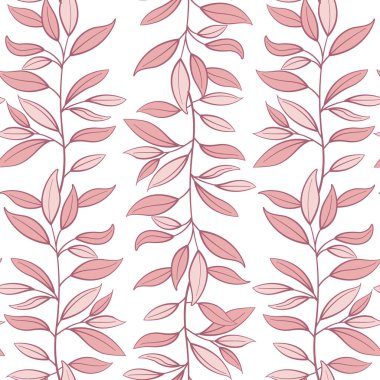 Çiçeksiz desen. Yapraklı dikey pembe dallar. Kumaşlar, duvar kağıtları, tekstil, web tasarımı için tasarım. Beyazda izole edilmiş.