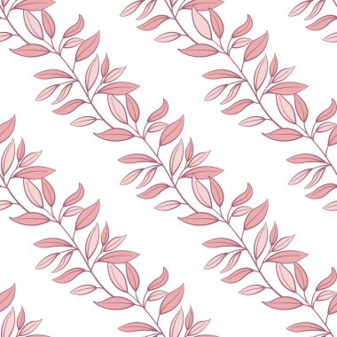 Çiçeksiz desen. Yapraklı çapraz pembe dalları yönlendir. Kumaşlar, duvar kağıtları, tekstil, web tasarımı için tasarım. Beyazda izole edilmiş.