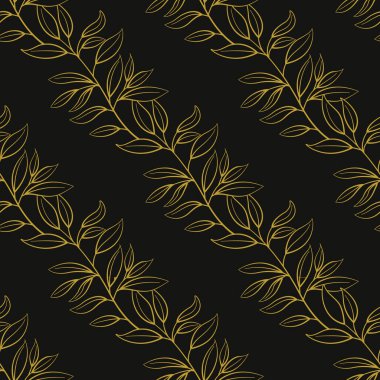 Çiçeksiz desen. Siyah arka planda yaprakları olan köşegen altın dallar. Kumaşlar, duvar kağıtları, tekstil, web tasarımı için tasarım.