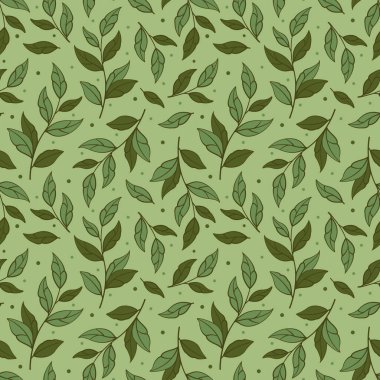 Çiçeksiz desen. Yapraklı yeşil dalları taşıyın. Kumaşlar, tekstil, ambalaj kağıtları, web tasarımı için tasarım.