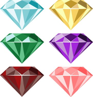 Farklı renklerde vektör taşları ve elmas simgeleri. Beyazda izole edilmiş.
